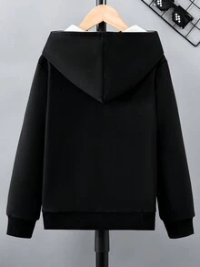 SHEIN Tween男孩連帽拉鍊設計運動衫 - 黑色 - 查看 2