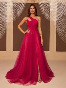 SHEIN Belle Un singur umăr Decupat Mesh Overlay Rochie Rochii de bal pentru femei - Roz - Vizualizare 1