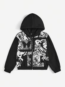 SHEIN EZwear 字母人物圖案拉鏈開襟抽繩連帽衫 - 黑色 - 查看 3