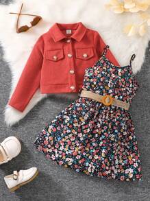 SHEIN Vintaside Kids 女孩翻蓋細節夾克和小碎花印花吊帶連身裙 - 彩色 - 查看 9