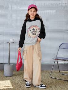 SHEIN Cô gái Đan Khối màu Lỏng lẻo phù hợp Tay Raglan Áo nỉ có mũ - Nhiều màu - Xem 3