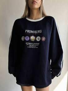 Dazy Star Women's Slogan Print Raglan Sleeve Sweatshirt,Fall Clothes - Navy Blue - View 5