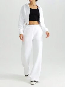 RueChic Zip Up Asymmetrical Hem Drawstring Hoodie & Wide Leg Pants - White - View 3