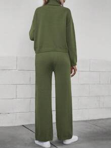 SHEIN Essnce Turtleneck Drop Shoulder Sweater & Knit Pants - Green - View 2