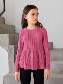 SHEIN 少女纯色长袖 T 恤，带荷叶边下摆 - 玫紅色 - 查看 4