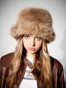 SHEIN ICON 毛絨桶帽，適用於日常休閒穿著 - 棕色 - 查看 2