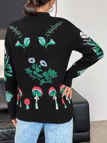 SHEIN Unity Suéter de punto con caída de hombros y estampado de flores para otoño e invierno - Negro - Ver 2