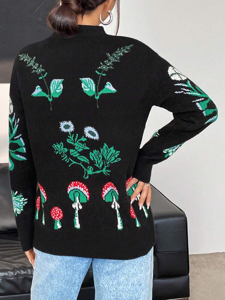 Flower Pattern Drop-Shoulder Knit Pullover Fall Winter Sweater