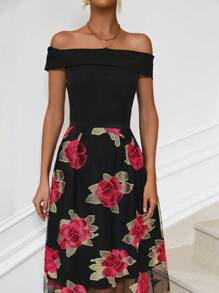 Zolique Floral Print Off Shoulder Mesh Overlay Hem Dress - Black - View 6