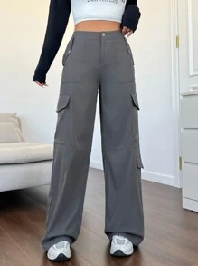 SHEIN EZwear 女裝側翻口袋工裝褲 - 深灰色 - 查看 3