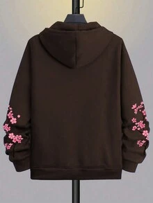 Manfinity 寬鬆版型男士龍與字母圖案帽衫拉鍊衛衣,不附t恤底部 - 咖啡棕 - 查看 2