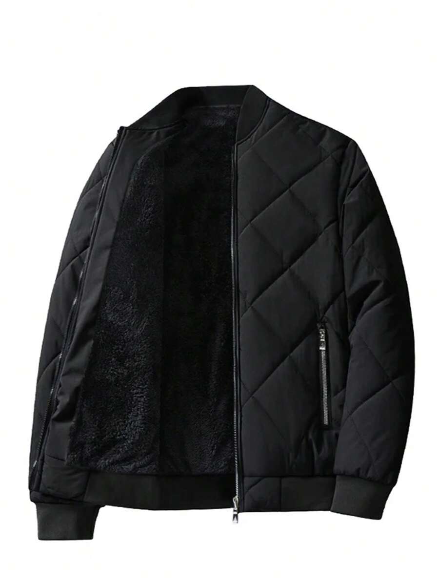 Men's New Varsity Collar Diamond Pattern Quilted Jacket, For Fall Winter
