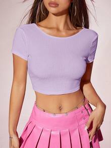 SHEIN ICON Hollow Out Twist Back Crop Top With Short Sleeves - Mauve Purple - View 6