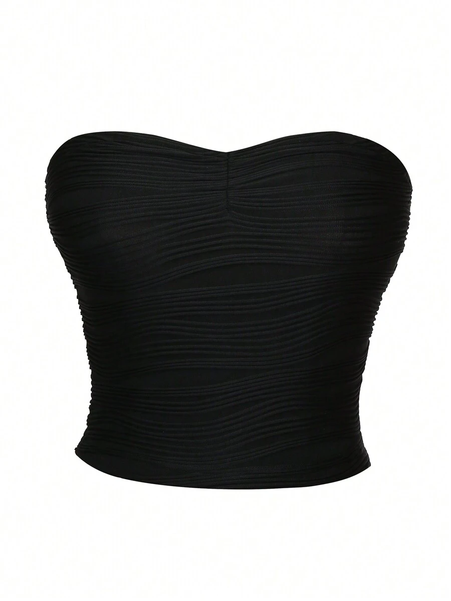 SHEIN Unity 素色褶邊抹胸上衣 - 黑色 - 查看 1