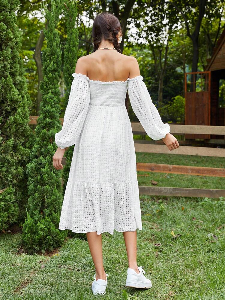 Off Shoulder Lantern Sleeve Ruffle Hem Dress