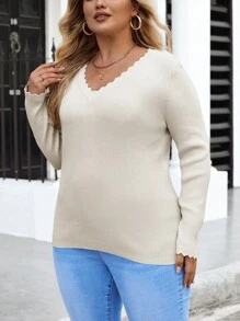 SHEIN Clasi 女款大尺碼扇貝邊羅紋針織毛衣