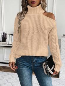 SHEIN Clasi 女士高領純色露肩毛衣 - 卡其色 - 查看 4