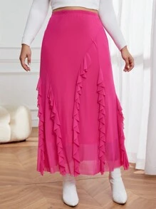 SHEIN Privé 大尺寸純色蕾絲下擺半身裙 - 粉色 - 查看 4