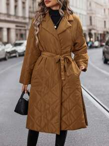 SHEIN Unity Diamond Quilted Pleated Long Padded Coat Clothes Winter With Waist Belt