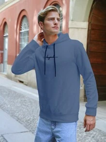 RueChic Men Letter Embroidery Drawstring Hoodie - Baby Blue - View 9