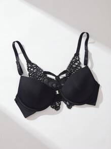 Contrast Lace Underwire Bra - Black - View 7