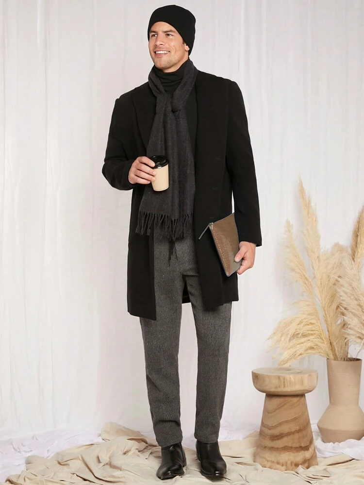 Loose Fit Men's Lapel Neck Solid Color Overcoat Without Scarf