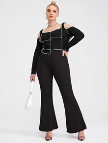 SHEIN Coolane 大碼挖肩頂針不對稱下擺短款T恤 - 黑色 - 查看 5