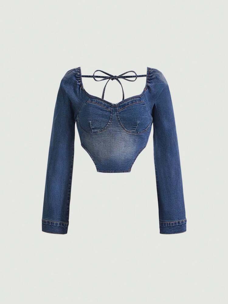 Tie Backless Asymmetrical Hem Crop Denim Top