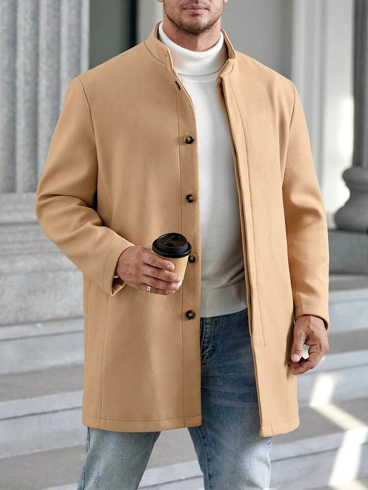 Loose Fit Plus Size Men's Solid Button Front Overcoat, For Fall Winter