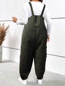 Flirla 大碼斜口袋燈芯絨背帶連身褲不帶T恤 - 軍綠色 - 查看 2