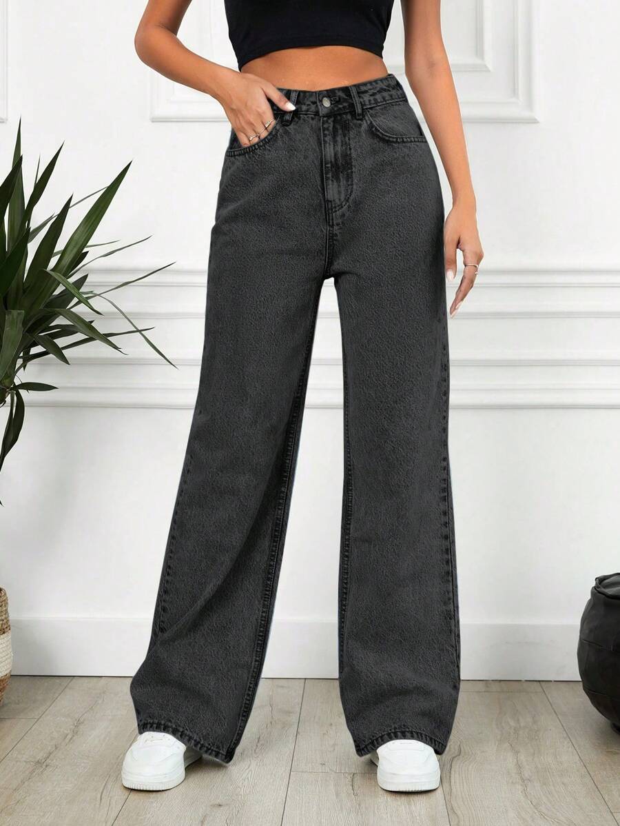 SHEIN Cottnline Women's Straight Leg Jeans - Dark Grey - View 1