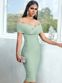 ADYCE Surplice Neck High Waist Zip Back Bodycon Midi Wedding Cocktail Party Bandage Dress - Mint Green - View 3