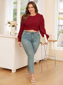 SHEIN Essnce Hơn Tay áo lồng đèn Áo thun Wrap Cross Crop - Màu Đỏ Sâu - Xem 6