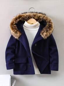 SHEIN Young Boy Fuzzy Trim Hooded Overcoat Without Sweater - Royal Blue - View 1