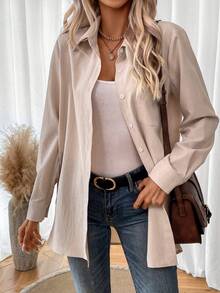SHEIN LUNE Chất rắn Nút phía trước Vá Túi Áo sơ mi - Màu be - Xem 4