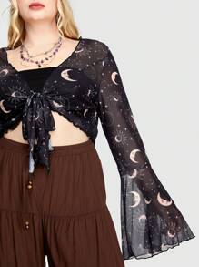 ROMWE Hippie Plus Size Bell Sleeve Sun Moon Mesh Tie Front Top - Multicolor - View 3