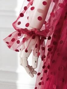 十幾歲女孩短款綢緞天鵝絨圓領網紗裙,純色款式 - 酒紅色 - 查看 3