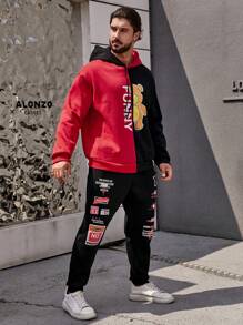 Manfinity LEGND Men Plus Colorblock Letter Graphic Drawstring Hoodie & Sweatpants