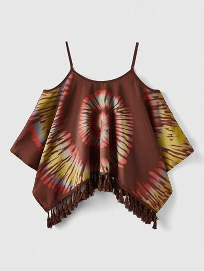 Hippie Women's Tie-Dye Printed Fringe Hem Open Shoulder Camisole Top For Vacation