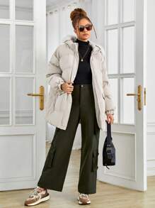 少女翻盖口袋毛绒装饰连帽棉服外套 - 杏色 - 查看 6