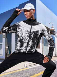 Gym Rark Men Tie Dye Colorblock Zip Up Sports Jacket Workout Tops Sports Jacket - Black and White - View 5