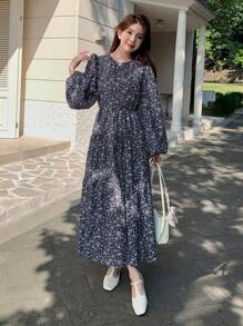 Dazy Star Ditsy Floral Print Flare Sleeve Dress,Ruffle,Fall Clothes - Royal Blue - View 8