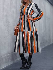 SHEIN LUNE Tie Neck Lantern Sleeve Ruffle Hem Smock Dress - Orange - View 5