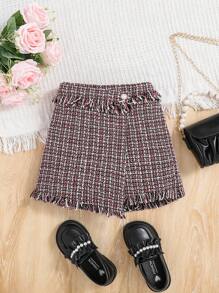 女小童格紋圖案毛邊緣圍裹裙裤 - 黑色 - 查看 1