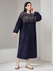 Mulvari Women's Geometric Pattern Drop Shoulder Dress - Navy Blue - View 3