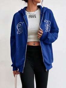 SHEIN Letter Graphic Drop Shoulder Zip Up Hoodie - Blue - View 3