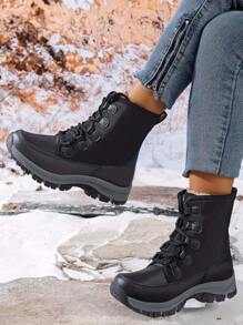 Women's Warm Short Boots For Winter, Rubber Anti-slip Outdoor Hiking Shoes, Lace-up Waterproof Wear-resistant Trekking Boots