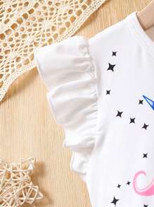 SHEIN Cô Gái Trẻ Kỳ lân in Viền Ruffle Áo thun & Ngôi sao Quần short - Nhiều màu - Xem 3