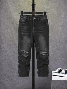 SHEIN Tween Boys' New Fashion Cool Street Style Ripped Black Jeans With Splatter Paint - Black - View 1