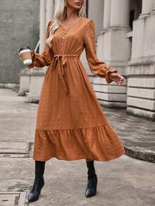 SHEIN VCAY Flounce Sleeve Ruffle Hem Belted Dress - Brown - View 6